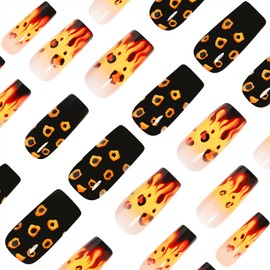 Vopintpy Flame Leopard Print Press on Nails Medium Square Fake Nails Black Yellow Gradient Acrylic Glue on Nail Glossy Reusable Full Cover Artificial Stick on Nail for Women DIY Manicure