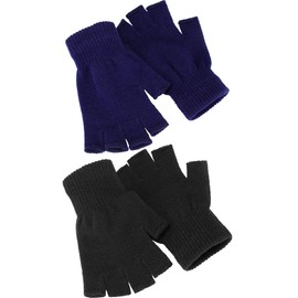 SATINIOR 2 Pair Unisex Winter Half Finger Gloves Knitted Fingerless Mittens Warm Stretchy Gloves in Common Size(Black, Navy Blue)