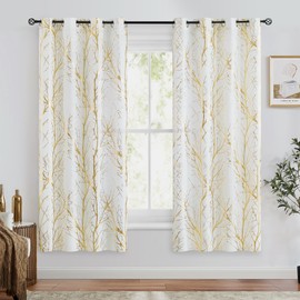 FMFUNCTEX Linen Semi Sheer Curtains, Gold Foil Metallic Print White Tree Panel for Bedroom & Living Room, Light Filtering 63 Inch Grommet Top 2 Panels