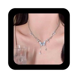 Cimenexe Bohemian Crystal Butterfly Choker Necklace Silver Pearl Butterfly Pendant Necklace Cz Oval Bow Collar Necklace Pearl Rhinestone Butterfly Chain Necklace Jewelry for Women
