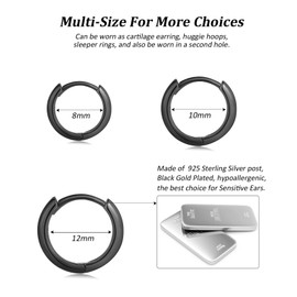 Silver Hoop Earrings for Women, 3 Pairs Small Sterling Silver Huggie Earrings, Tiny Hypoallergenic Cartilage Endless Earrings Piercing Helix Jewelry for Men (8mm/10mm/12mm, Black)