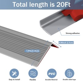 Pionasuicg Rubber Stair Edging Self Adhesive Staircase Step Edge Protector Vinyl Stair Nose for Outdoor & Indoor (20Ft, Grey)