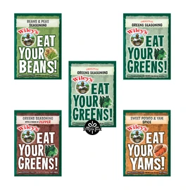 Wileys Seasoning Mix Sampler Pack of 5 - Greens Seasoning, Greens with Pepper Seasoning, Yams Seasoning, Beans and Peas Seasoning packaged by D'Elite Box