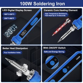 Ltkolben Set 100 W, LED Lt Piston with Temperature Control 180-520C, Soldering Kit with On/Off Switch, 50 g Litter Wire, 5 Litre Tips, Discharge Pump, Lt Piston Stand, Tweezers