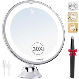 Auxmir 30X Magnifying Mirror, Rechargeable LED Magnifying Mirror with Strong Locking Suction Cup, 360° Rotating 3 Light Colors Dimmable Shaving Mirrors with Touch Switch, Bathroom Mirrors with Tweezer
