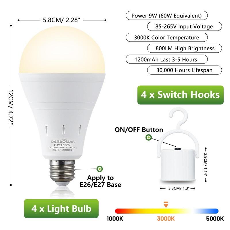 DABAOLUM 4 Pack Rechargeable Emergency Light Bulbs, Battery Powered LED