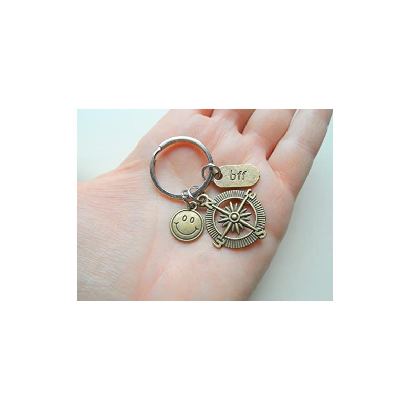 Bronze Friend Charm Keychain with Compass Charm, Smiley Face Charm