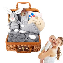 ZOYDP Newborn Gift Basket, Baby Gift Boy Set, 7 in 1 Baby Gift Birth, New Born Baby Gifts, with Baby Triangle Scarf, Plush Toys, Bath Towel, Socks, GebZOYDPurt Cards, Greeting Cards, Grey