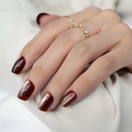 YLOKO Cat Eye Press on Nails, Short Square Fake Nails with Chrome Designs Glossy Glue on Nails Press ons Full Cover False Nails Acrylic Artificial Short Stick on Nails for Women 24 Pcs