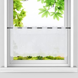 HeichkelL Voile Net Curtain Leaf Embroidery Bistro Curtain Country House Style Short Curtains for Kitchen Embroidered Short Curtain Rod Holes White H x W 45 x 120 cm