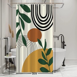 Stall Shower Curtain, Mid Century Boho Sun Small Shower Curtain for Bathroom Waterproof Polyester Abstract Arch and Green Leaves RV Shower Curtain Set with Hooks, 36x72 Inch