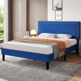 VECELO Queen Size Bed Frame with Adjustable Upholstered Headboard, Wooden Slats Platform, Noise-Free Design, No Box Spring Needed, Easy Assembly