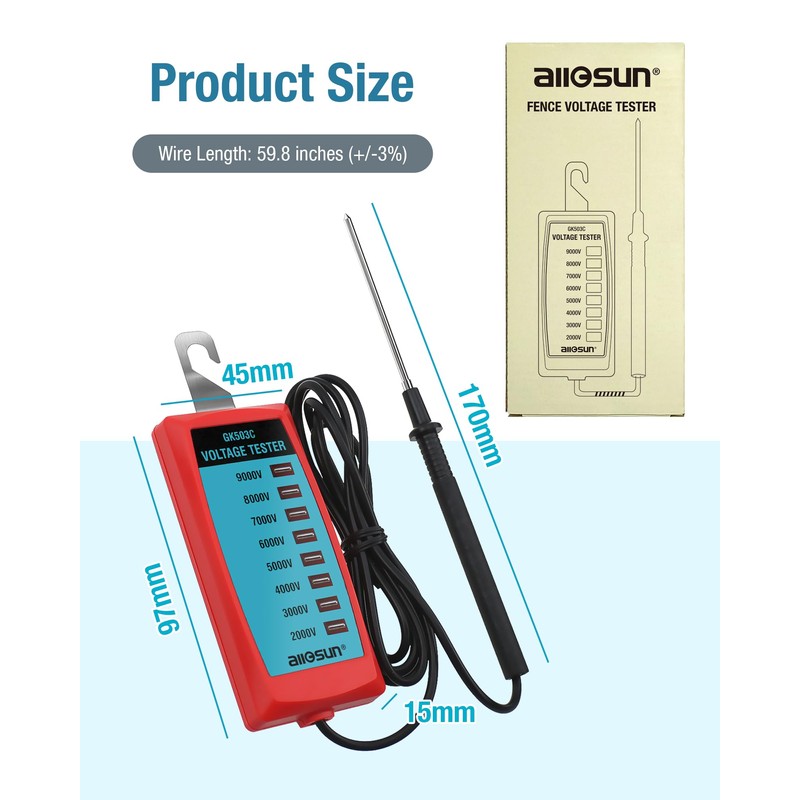 ALLOSUN GK503C NEON Fence Electric Voltage Tester Max 9000V,Electric Fence