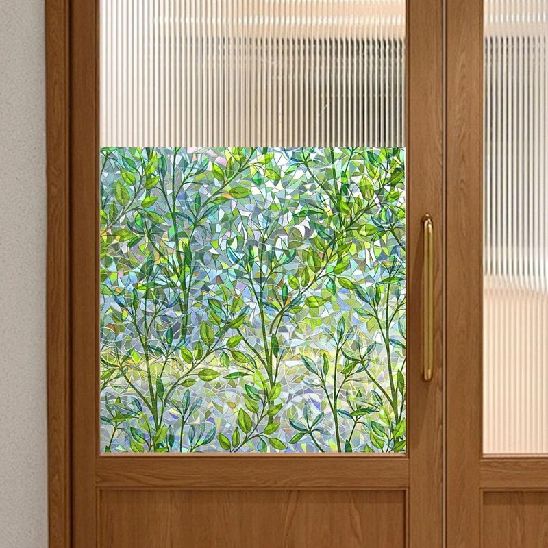 Qianly Privacy Window Film Static Cling Leaf Rainbow Sticker Decorative