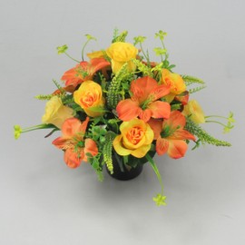 Artificial/Silk flowers grave flower arrangement in memorial pot Yellow/Orange