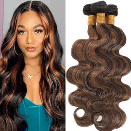 Dokksiiia Ombre Bundles Human Hair P1B30 Highlight Black and Light Brown Mix Body Wave Bundles Double Weft Brazilian Human Hair Sew-In Weave Extensions Silky and Soft 12 14 16 Inch