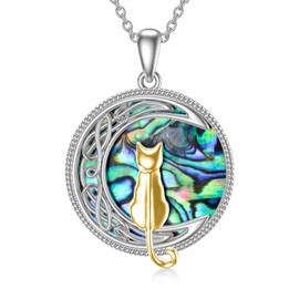 TOUPOP Gold Plated Cat Necklace 925 Sterling Silver Cat on the Moon Necklace with Abalone Shell Cat Lovers Celtic Cat Jewelry Gifts for Women Birthday Christmas