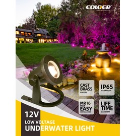 COLOER Brass Underwater Lights(Bronze) with 5W LED MR16 Bulb 12V Low Volatge Submersible Waterfall Pool Fountain Light IP68 Waterproof Pond Lights for Underwater or Outside Water as Spotlight
