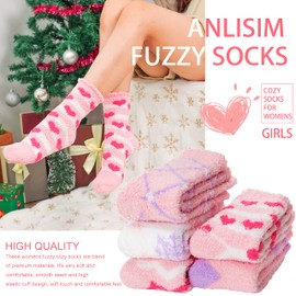 Anlisim Non Slip Fuzzy Grip Socks for Women Hospital Slipper With Grippers Warm Cozy Thick Fluffy Winter Comfy Anti Skid Women Socks Gifts Stocking Stuffers(Pink & Purple(5 Pairs))