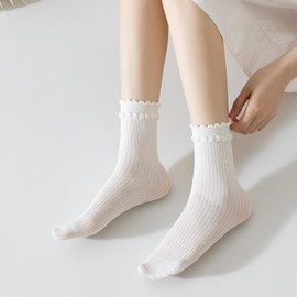 Mcool Mary Women's Crew Socks, Breathable Thin Cotton Cute Scalloped Edges Frilly Ankle Socks for Women 6 Pairs