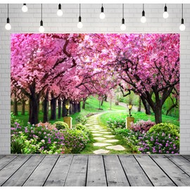 CORFOTO 8x6ft Spring Garden Backdrop Cherry Blossom Flowers Photography Background Nature Scene Spring Scenery Grass Floral Backdrop for Spring Birthday Party Decorations Wedding Photo Booth Props