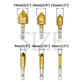 Hocansen 6 Piece Hex Countersink Drill Bit Set 5 Flutes Hex Shank Drill Bit with 5 Cutting Blades 90 Degree Wood and Metal Can Be Used (6/8/9/12/16/19 mm)