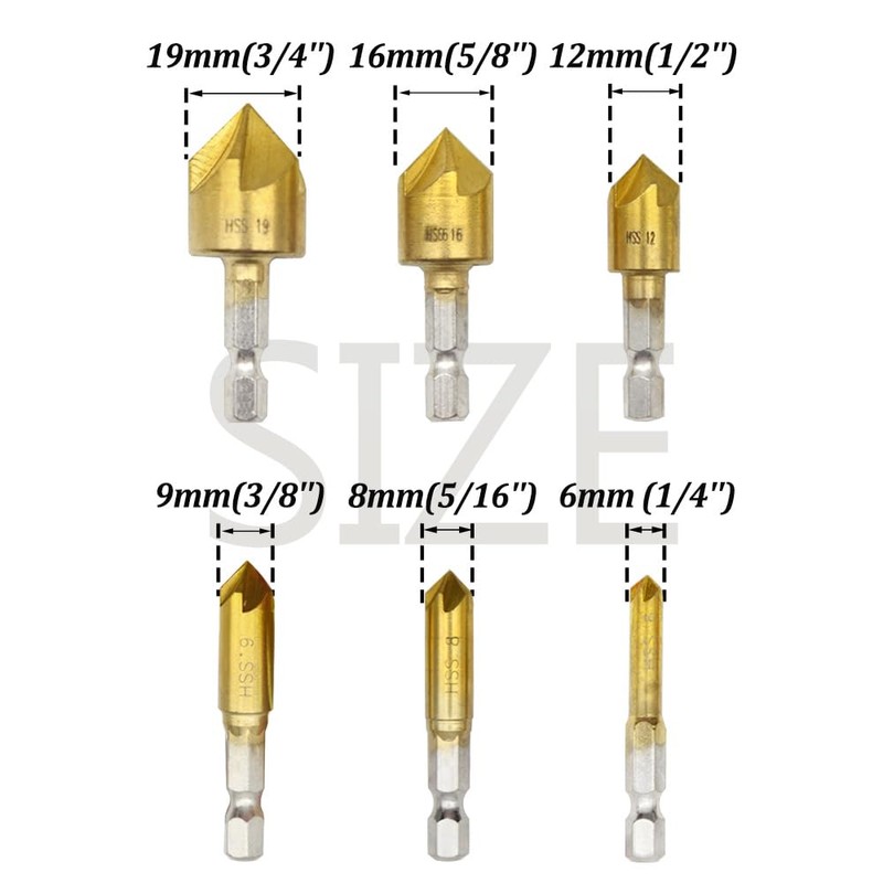 Hocansen 6 Piece Hex Countersink Drill Bit Set 5 Flutes