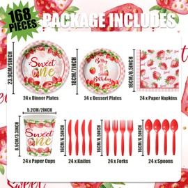YuBnYnSn 168Pcs Strawberry 1st Birthday Decorations for Girls Sweet One Birthday Party Supplies Strawberry First Themed Party Decorations Tableware Set Plates and Napkins Serves 24
