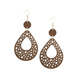 MINACHI Vintage Large Brown Wooden Teardrop Cutout Dangle Drop Earrings with Geometric Detail, Statement Jewelry Gift for Women