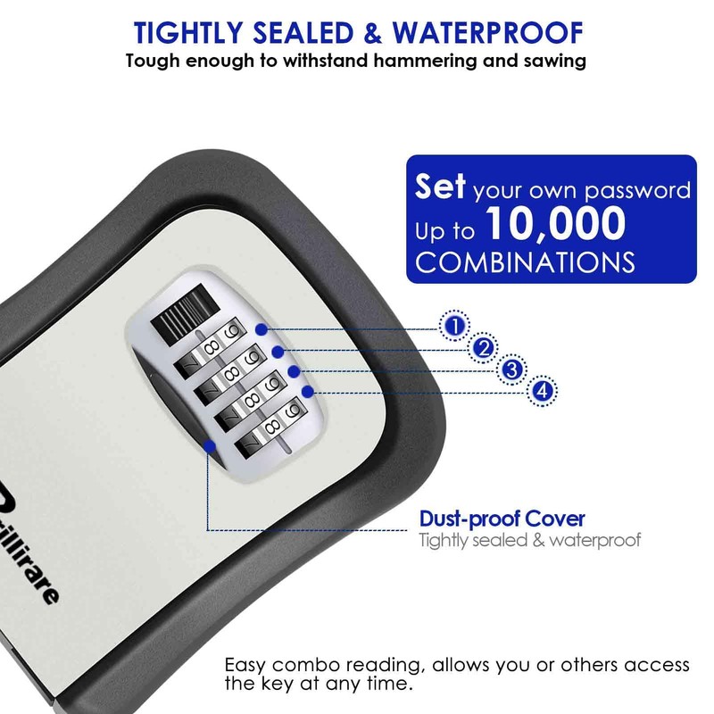 BRILLIRARE Key Lock Box, Waterproof Combination Lockbox Wall Mount 4