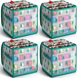 Saintrygo 4 Pcs Christmas Ornament Storage Box Christmas Storage Containers with 64 Compartment Zippered Bauble Ornament Storage Box Vinyl Plastic Ornament Box with Handles, 12 Inch (Tree Style)