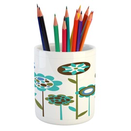 Ambesonne Green Flower Pencil Pen Holder, Grunge Floral Doodles Circles and Lines Pattern Geometric Design Retro Leaves, Printed Ceramic Pencil Pen Holder for Desk Office Accessory, Multicolor