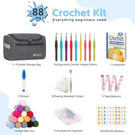 Reessy Crochet Kits for Beginners Adults, 88 PCS Crochet Kit Include Instructions Crochet Hooks 15Pcs × 25g Yarn Storage Bag and Knitting Accessories, Complete Beginners Crochet Kit - Grey