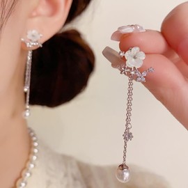 Pearl Drop Earrings for Women Long Threader Chain Dainty Flower Wedding Bridal Earrings Gold Floral Trendy Statement Prom Jewelry Bridesmaid Gift for Her, Medium, Brass Cubic Zirconia, Cubic Zirconia