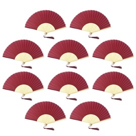 FANSOF.FANS 10 Pack Fabric Hand Fans with Tassel Grade A Bamboo Ribs for Party Wedding Favors (Dark Red, Maroon)