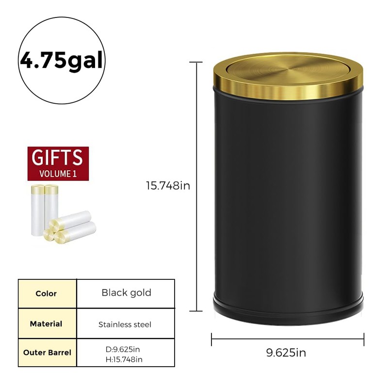 LEASYLIFE Black and Gold Bathroom Trash Can,Bathroom Garbage can with