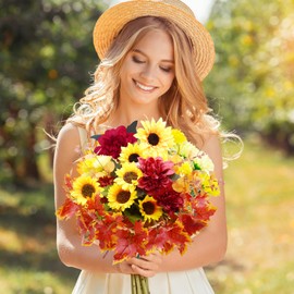 DOUBFIVSY 12 Bundles Artificial Flowers, Artificial Sunflower Bouquets Artificial Chrysanthemum Eucalyptus Stems Maple Leaves Fake Wildflowers for Home DIY Garden Craft Art Decor (Mixed)