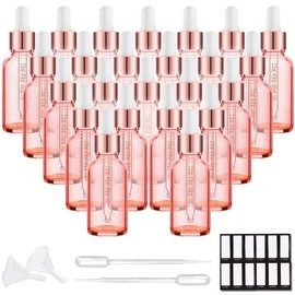 PrettyCare 1oz Glass Dropper Bottle 24 Pack  Glass Bottles Empty with 2 Funnels & 2 Long Pipettes, 30ml Eye Dropper Bottles for Essential Oils, Cuticle Oils, Body Oils, Tincture Bottles - Color: Rose Glass