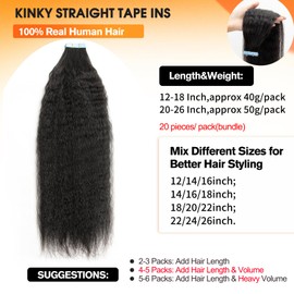 FEIPRO Tape in Hair Extensions Human Hair kinky Straight Tape ins Human Hair Extensions Black Girl Invisible Tape ins Seamless PU Skin Weft Soft Natural Black Hair Extension 20Inch 50g 20pcs/Pack