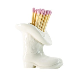 Pexguka Cowboy Boot Match Holder With Striker - Ceramic cowgirl boots coastal Western home decor aesthetic, Matchesboxes For pink Bathroom Bedroom Glossy White