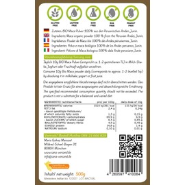 Organic Maca Powder 500g Original Made in Peru. Pure Maca Root Contains Vitamins, Amino Acids Proteins for Strength and Concentration and Energy. Vegan, Gluten Free, Superfood for Allergy Sufferers