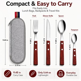 SNAILBREAD Portable Travel Utensils with Case, 4-Piece Stainless Steel Silverware Set with Wooden Handles for Work Lunch, Camping and Picnic