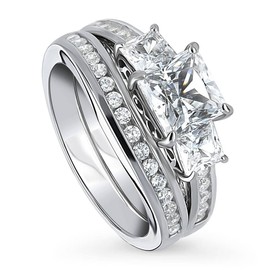 BERRICLE Sterling Silver 3-Stone Wedding Engagement Rings 1.6 Carat Princess Cut Cubic Zirconia CZ Ring Set for Women, Rhodium Plated Size 7.5