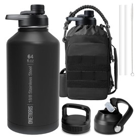 OneTigris 64 oz Water Bottle with Straw, Leak Proof Hydration Water Bottles with 3 Lids and MOLLE Pouch for Outdoor Sport Gym Travel - Color: Black, Size: 64 oz