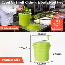 Commercial Salad Spinner, 2.5 Gallon (10QT) Heavy Duty Vegetable Dryer with Ergonomic Aluminum Handle, Sealed Gearbox, Dries Up to 3–4 Heads of Lettuce