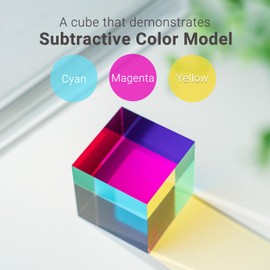 iKeelo Color Cube (50mm) with Stand - Cyan, Magenta & Yellow Subtractive Color Mixing - Mesmerizing Acrylic Prism for Desk Decor, A Fun Conversation Starter