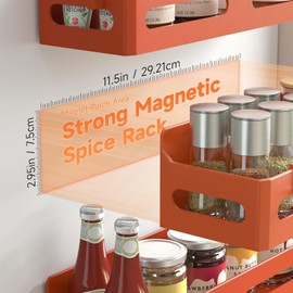 Sevenblue 4-Pack Magnetic Spice Rack for Refrigerator with Hooks, Orange | Strong multipurpose magnetic shelf for kitchen & bathroom organization.