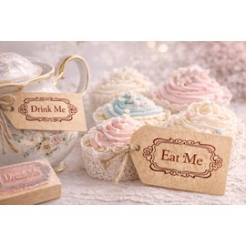 Alice in Wonderland Eat Me Drink Me Rubber Stamp Set, 2PCS Vintage Wooden Stamps with Gift Tin Box, Tea Party Tags Stamp for Wonderland Party Favors, Cupcake Tags, DIY Craft, Scrapbook Decoration