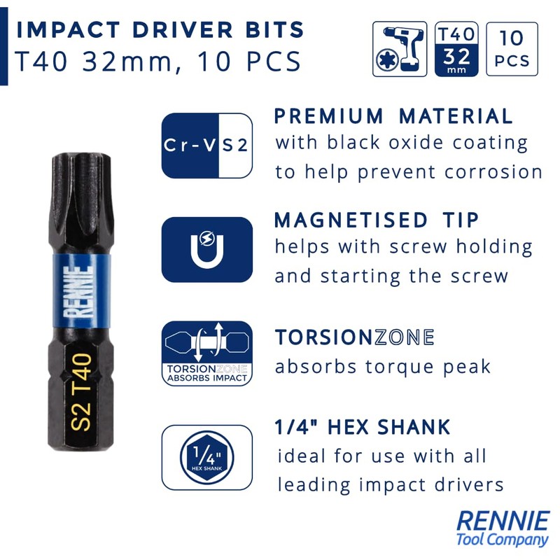 10 x Rennie Tools 32mm Long T40 TX40 Impact Screwdriver