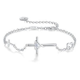 AmorAime 925 Sterling Silver Cross Bracelet for Women Christian Faith Bracelet 14K Gold Plated Bracelets Believe CZ Adjustable for Easter or Holiday (silver cross heart)